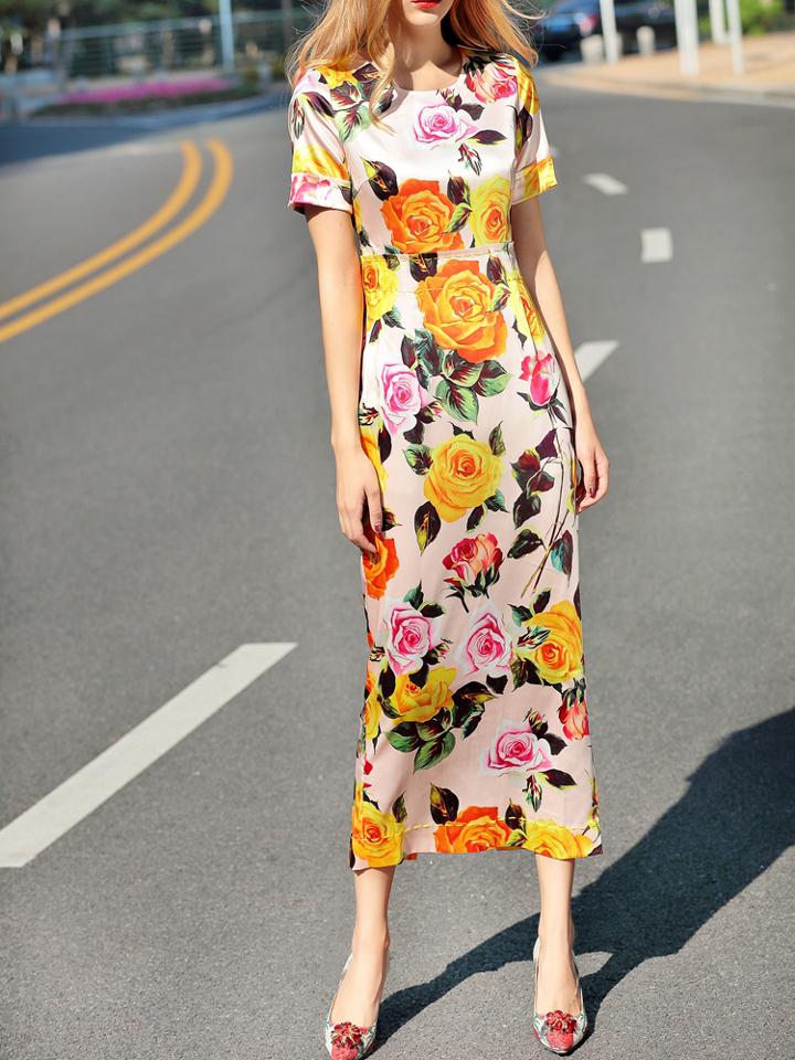 Shein Apricot Rose Print Long Dress