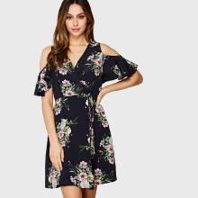 Shein Cold Shoulder Tie Waist Surplice Wrap Floral Dress