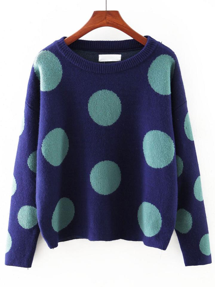 Shein Royal Blue Round Neck Polka Dot Sweater