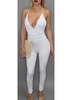 Rosewe Plunging Neckline White Strappy Sheath Jumpsuit