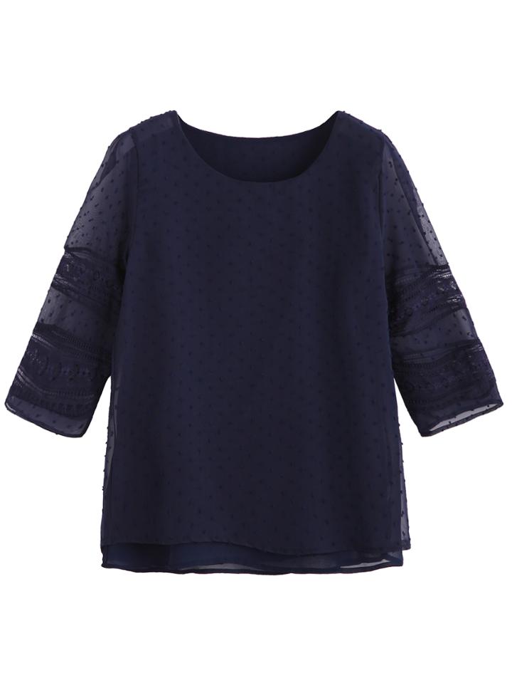 Shein Navy Embroidered Mesh Hollow Out Overlay Blouse