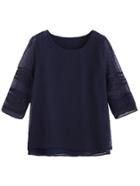 Shein Navy Embroidered Mesh Hollow Out Overlay Blouse