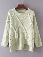 Shein Green Diamond Pattern Tassel Dip Hem Sweater
