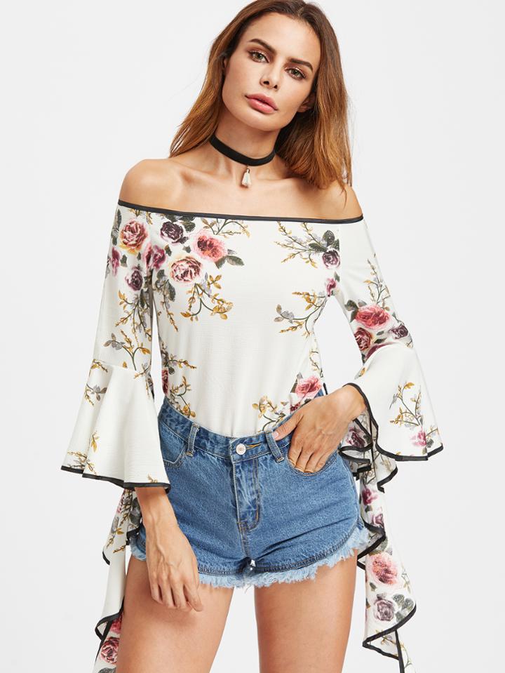 Shein Bardot Floral Print Contrast Trim Flare Sleeve Top