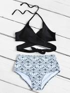 Shein Mixed Print Wrap High Waist Bikini Set
