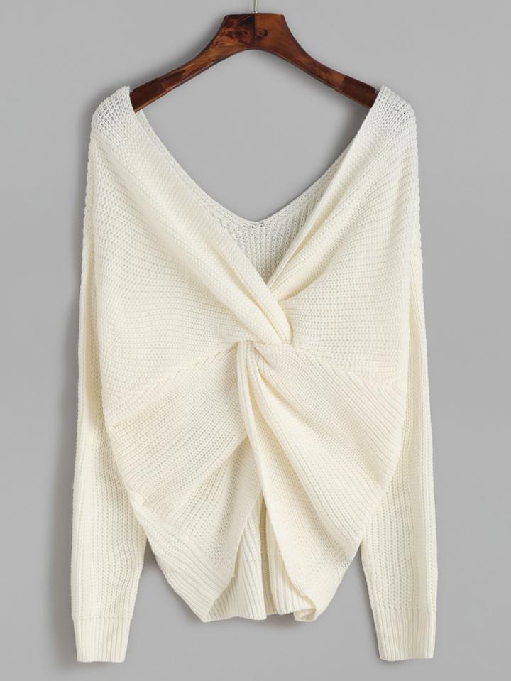 Shein White Double V Neck Knot Sweater