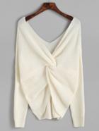 Shein White Double V Neck Knot Sweater