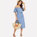 Shein Open Shoulder Tie Waist Denim Shirt Dress