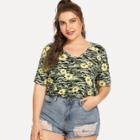 Shein Plus V-neck Floral And Camo Tee