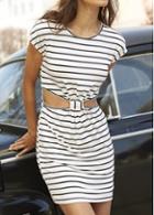 Rosewe Round Neck Striped Cutout Waist Mini Dress