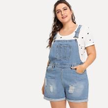 Shein Plus Bleach Wash Roll Hem Denim Romper