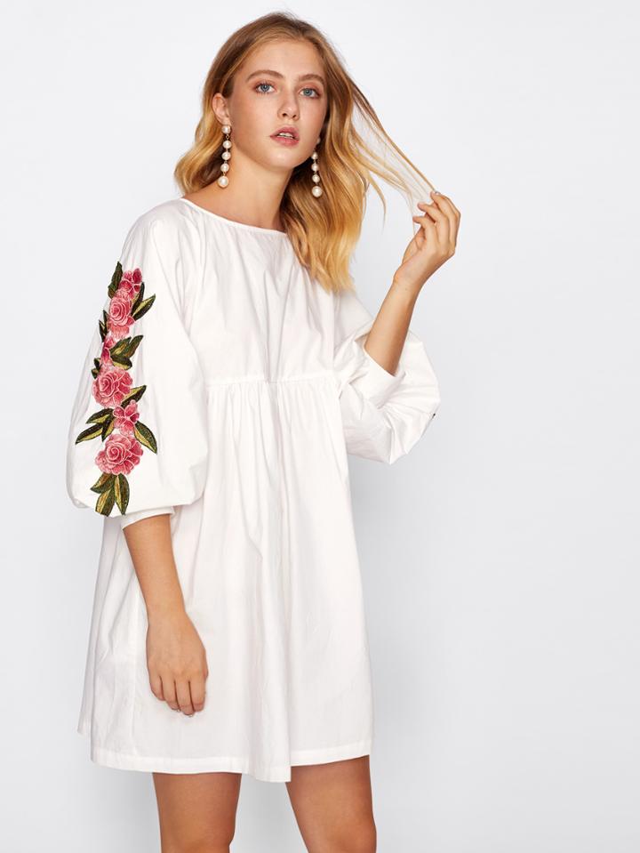 Shein Embroidered Applique Lantern Sleeve Smock Dress
