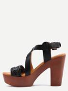 Shein Braided Crisscross Cork Heel Sandals - Black