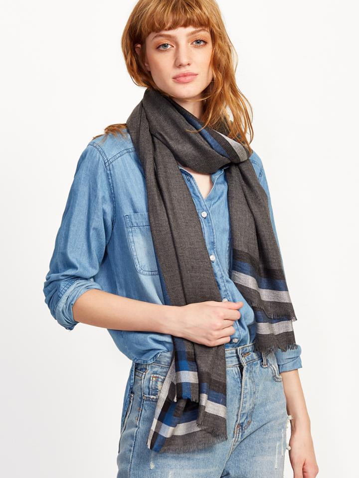 Shein Grey Eyelash Fringe Stripe Scarf