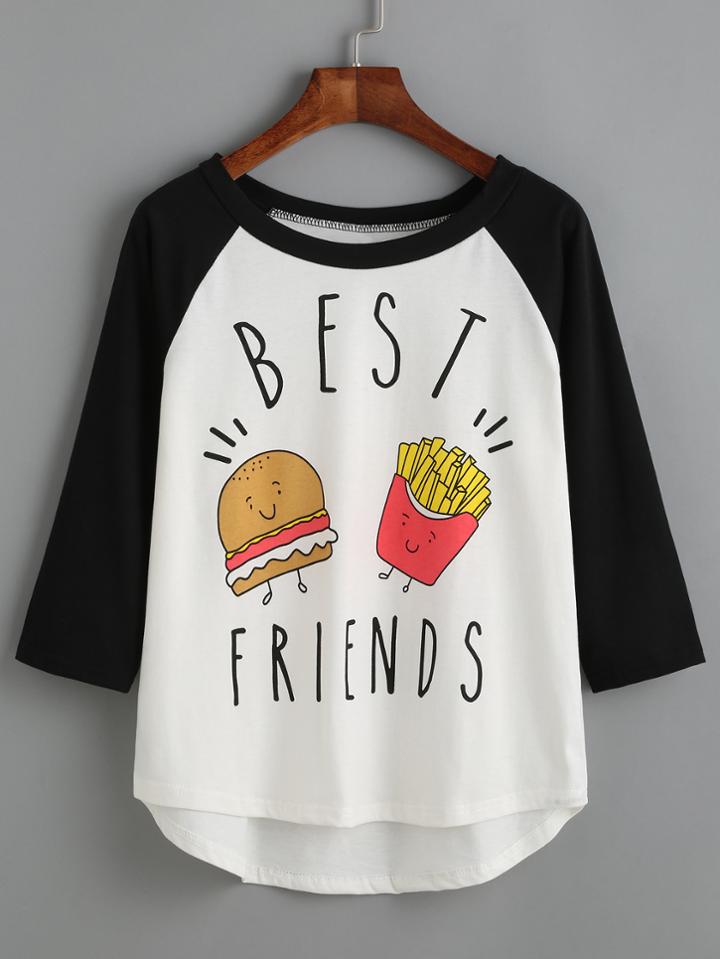 Shein Contrast Raglan Sleeve Print Dip Hem Tee