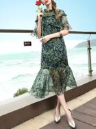 Shein Bell Sleeve Leaves Print Flounce Fishtail Dress