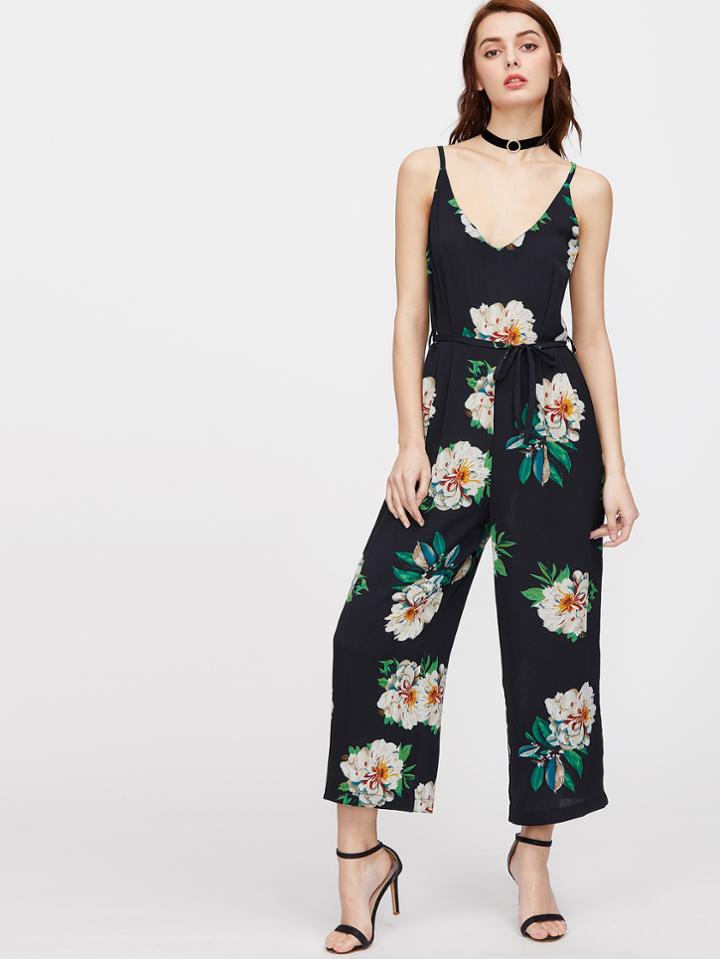 Shein Plunging Self Tie Wide Leg Jumpsuit