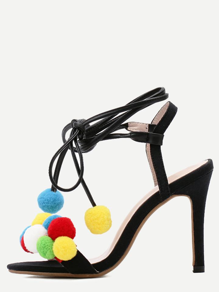 Shein Black Peep Toe Pom Pom Gladiator Sandals