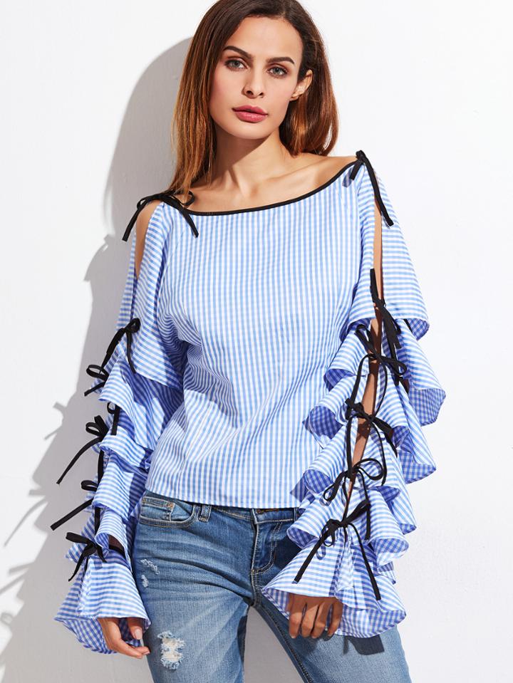 Shein Blue Striped Bow Tie Split Ruffle Sleeve Blouse