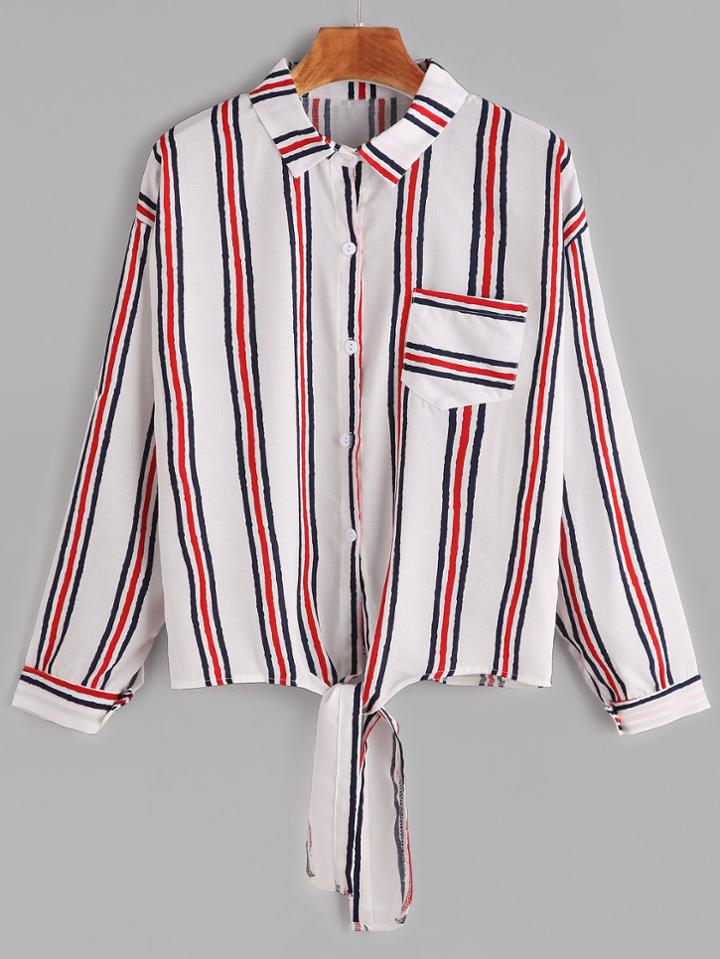 Shein Drop Shoulder Roll Tab Sleeve Knotted Hem Striped Shirt
