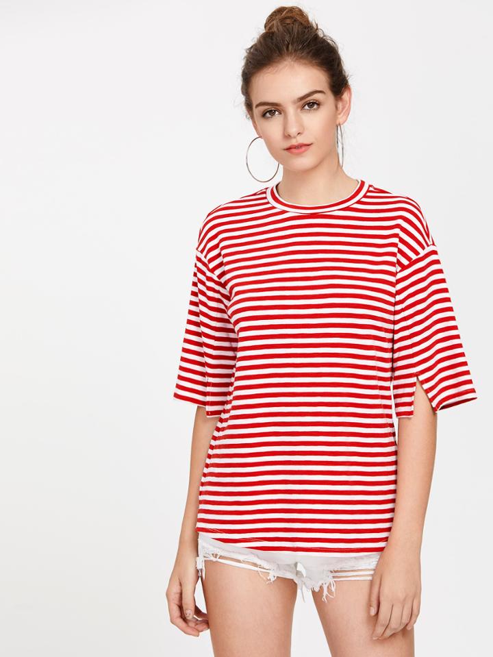 Shein Drop Shoulder Slit Sleeve Striped Tee
