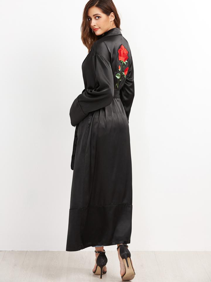 Shein Black Embroidered Back Wrap Coat