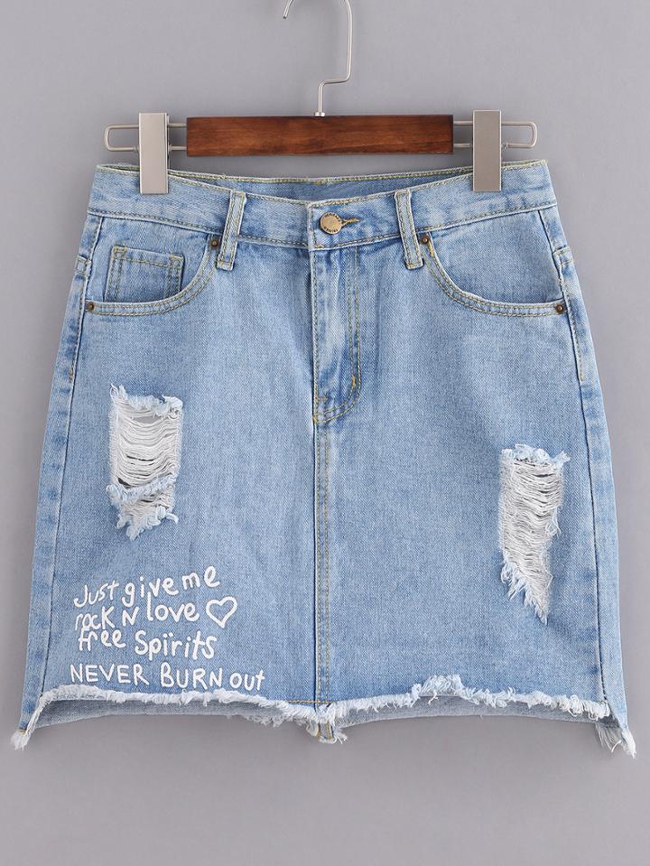 Shein Blue Letters Print Button Denim Skirt