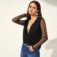 Shein Deep V Neck Dot Mesh Sleeve Shirt