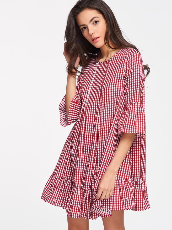 Shein Checkered Double Godet Front Drop Hem Dress