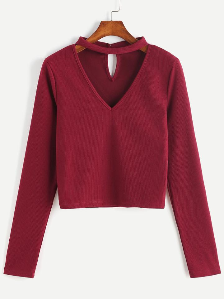 Shein Burgundy Cut Out Choker Neck Keyhole Back Ribbed T-shirt
