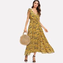 Shein Leaf Print Self Tie Drawstring Dress