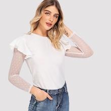 Shein Dot Mesh Sleeve Ruffle Trim Tee
