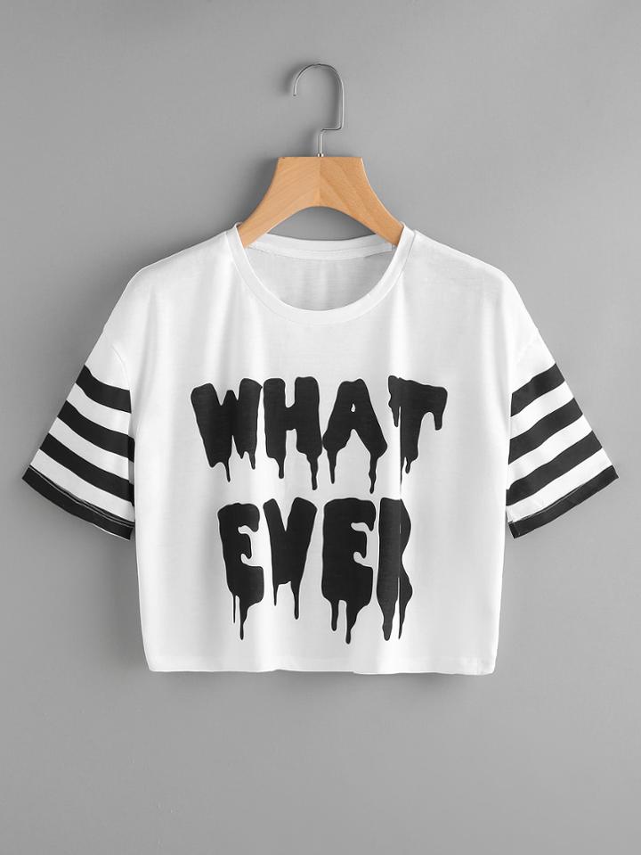 Shein Letter Print Striped Sleeve Crop Tee