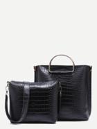 Shein Black Croc Embossed Pu Handbag With Crossbody