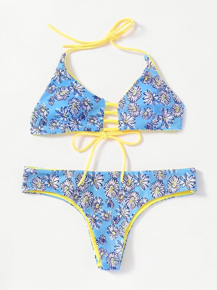 Shein Calico Print Ladder Cut Out Bikini Set