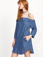 Shein Blue Cold Shoulder Button Front Denim Dress
