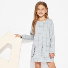 Shein Girls Frill Trim Pocket Grid Dress