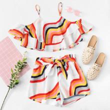 Shein Layered Cold Shoulder Striped Top & Shorts Set