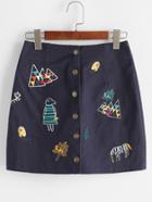Shein Navy Cartoon Embroidered Single Breasted Skirt