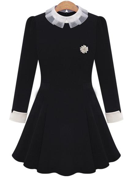 Shein Black Contrast Collar Brooch Embellished Slim Dress