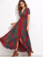 Shein Tribal Print Fringe Detail Split Front Dress