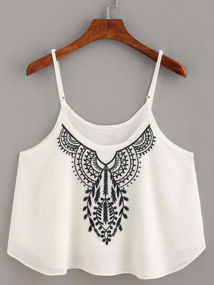Shein Embroidery Chiffon Cami Top - White
