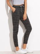 Shein Black Plaid Tie Waist Pockets Pants