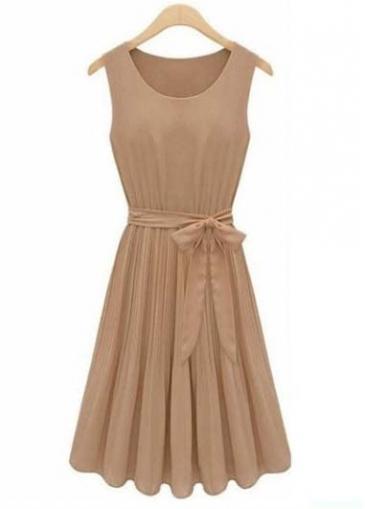 Rosewe Summer Essential Round Neck Pleated Dress For Lady