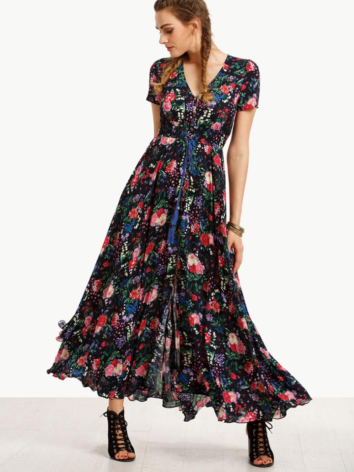 Shein Print In Black Ruffle Hem Long Dress