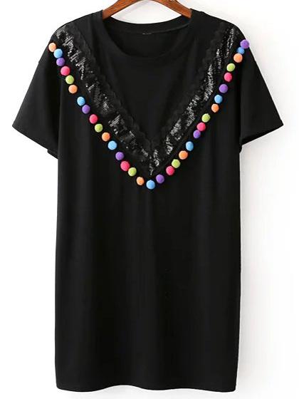 Shein Black Sequined And Pompom T-shirt