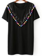 Shein Black Sequined And Pompom T-shirt