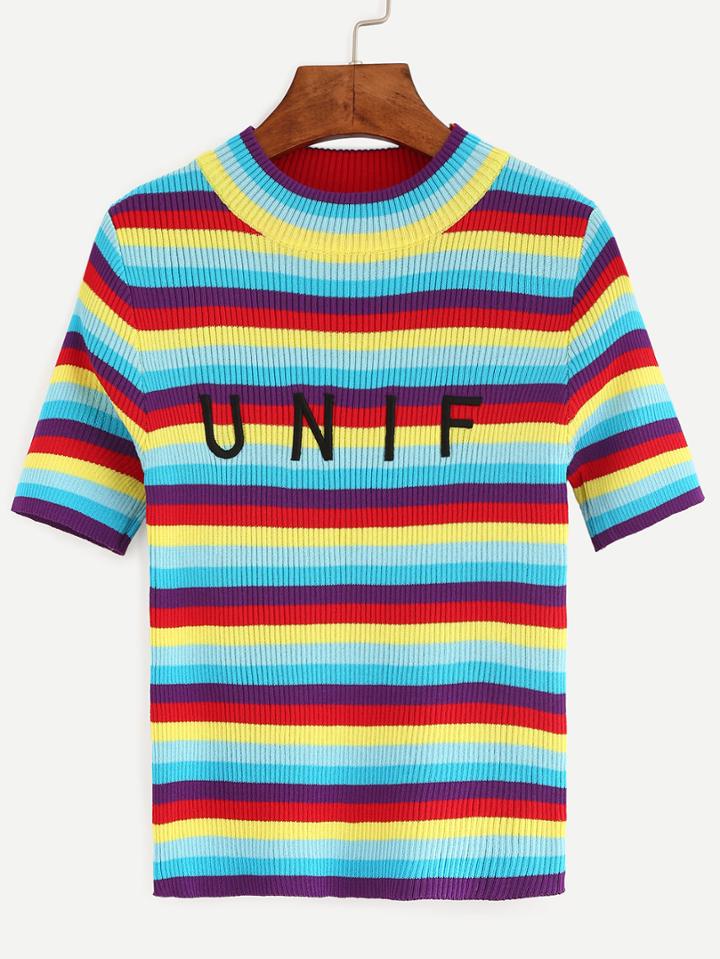 Shein Color-block Striped Letters Embroidered Sweater