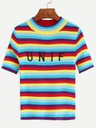 Shein Color-block Striped Letters Embroidered Sweater