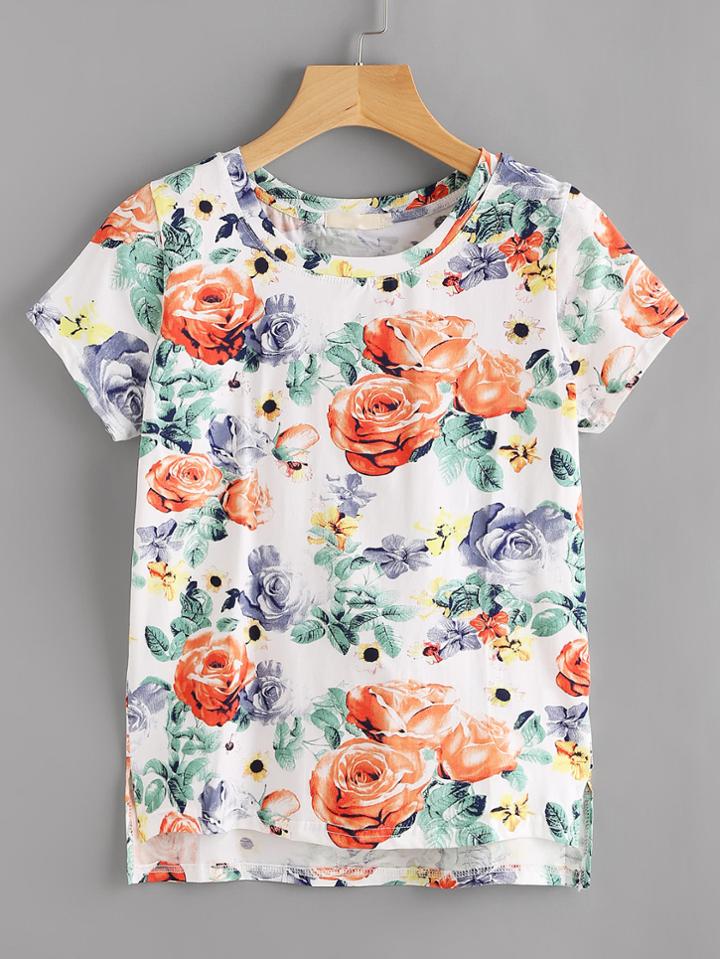 Shein Random Rose Print Slit Side High Low Tee